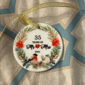 Festive Floral Anniversary Ornament with Gold Ribbon
